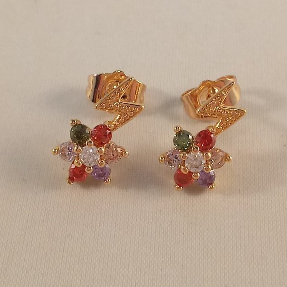 18K Yellow Gold Flower Lightning Bolt Diamond Zircon Stud Earrings Multi Color - Picture 2 of 6